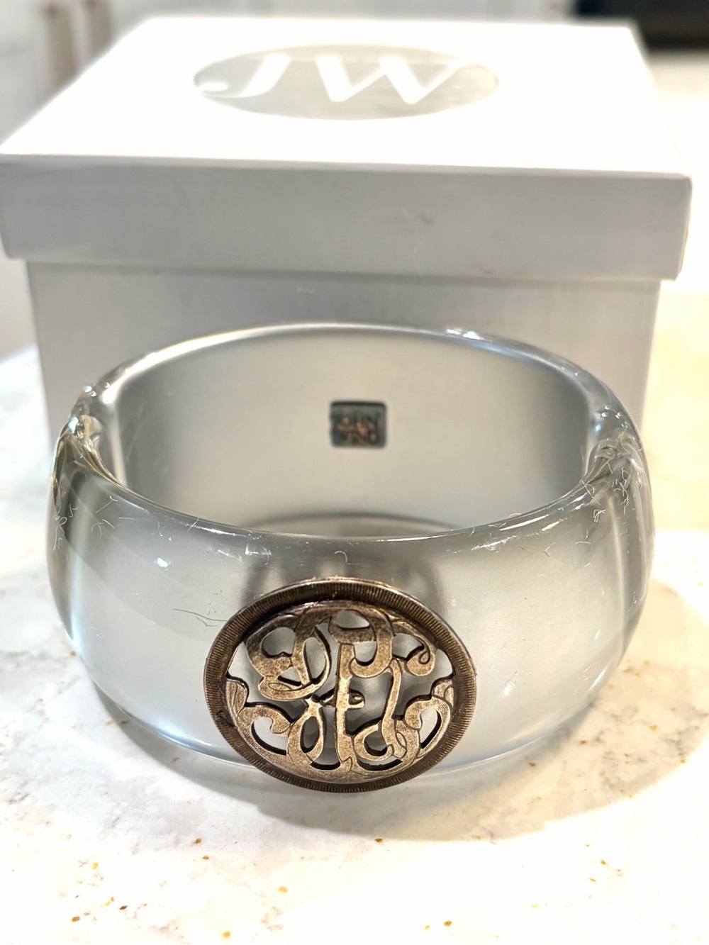 Vintage John Wind Resin Clamper Monogram Bracelet JWP Frosted Acrylic Cuff Box